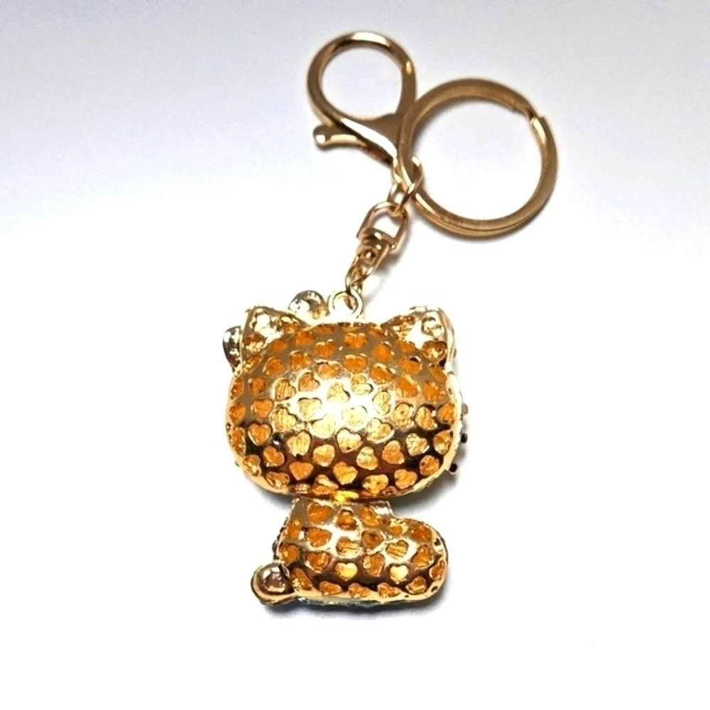 Hello Kitty Rhinestone Keychain Azure Blue and Gold Tone